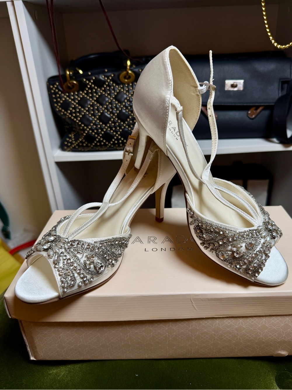 Paradox Ivory Satin Crystal Embellished Peep-Toe Heels
